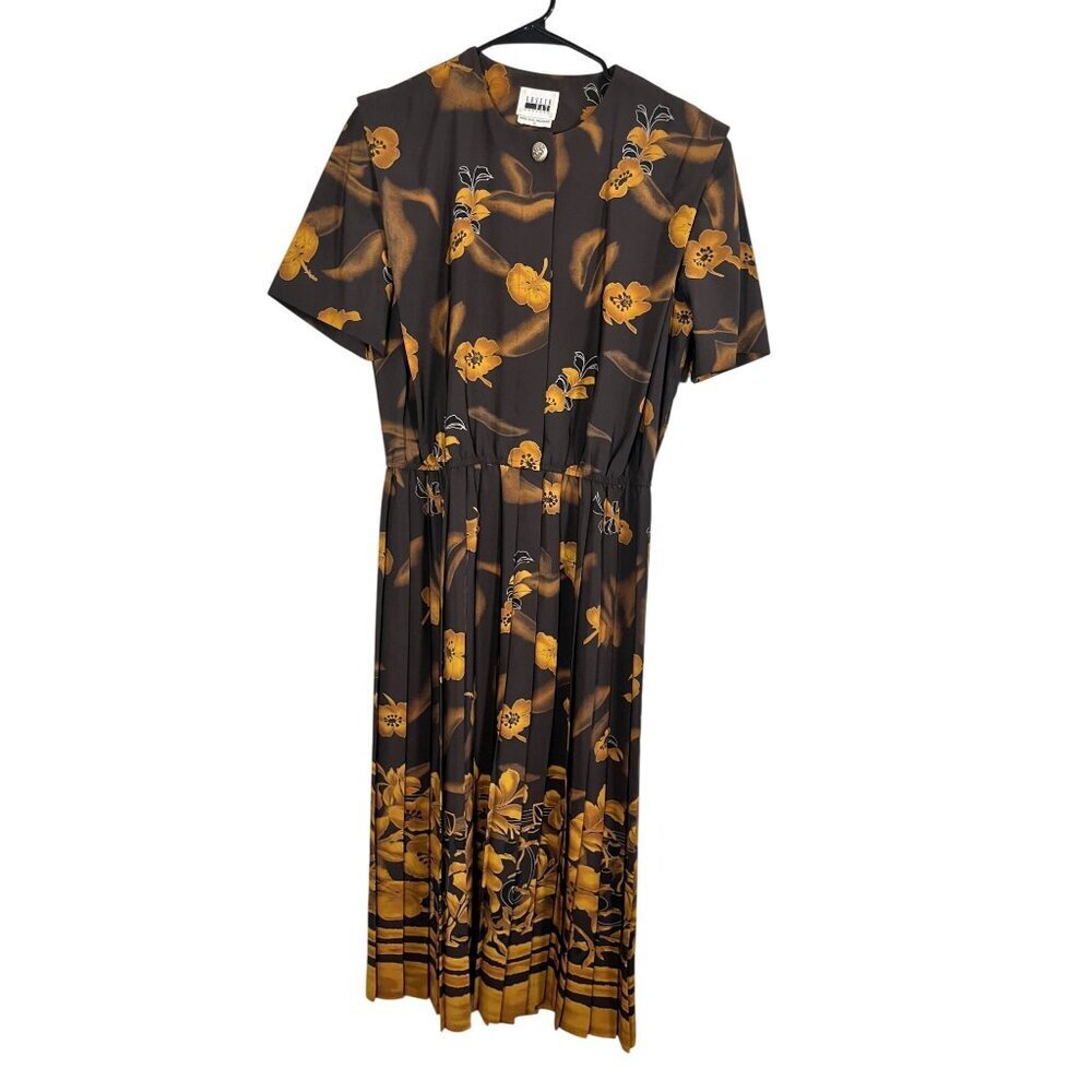 Retro Floral Pleated Dress Brown 12 Work Wear Classic Chic Neutral‎ Artsy 80s